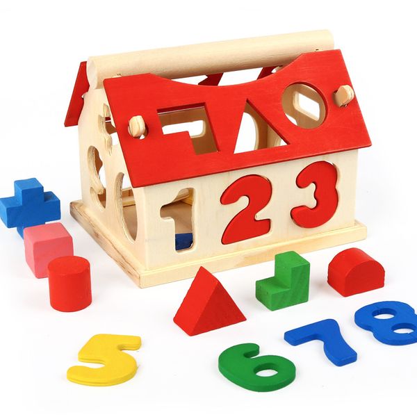 

new year temple fair wooden puzzle building block toys smart house digital baby educational