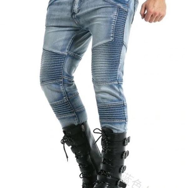 

2021 men's new pleated motorcycle jeans slim fit nostalgic stitching jeans x0621, Blue