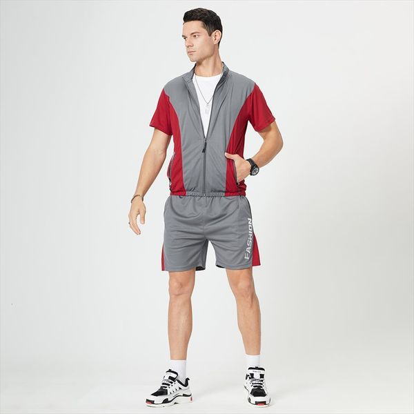 

summer patchwork 2 pcs mens tracksuits sets zipper tshirts elastic waist shorts casual fashion jogger track suit sportswear, Gray
