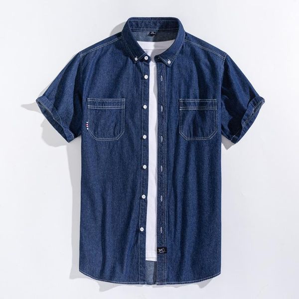

men's casual shirts summer denim short-sleeved shirt 100% cotton thin plus size male pure color high-end brand blouse, White;black