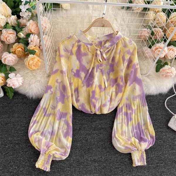 

shirt women's v-neck puff sleeve loose pleated slimming tie-dye chiffon blouse uk245 210506, White