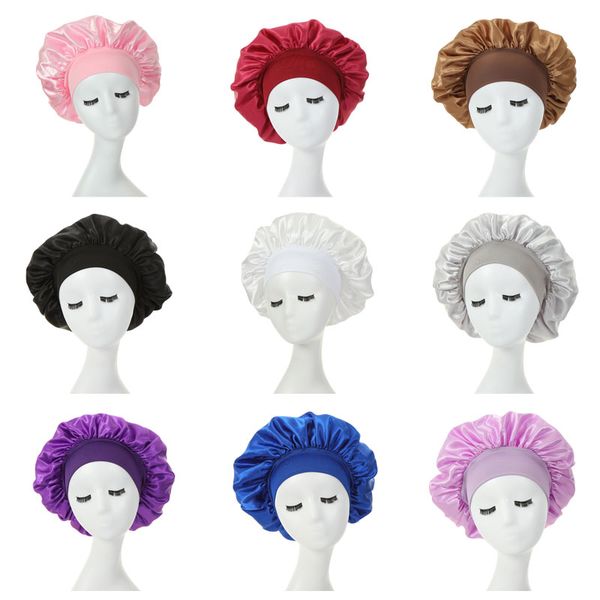 

solid color satin wide band elastic night hat women headwear sleep caps bonnet hair care fashion accessories, Blue;gray