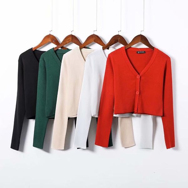 

t shirt solid color single breasted v-neck long sleeve knitted cardigan women's jacket, White