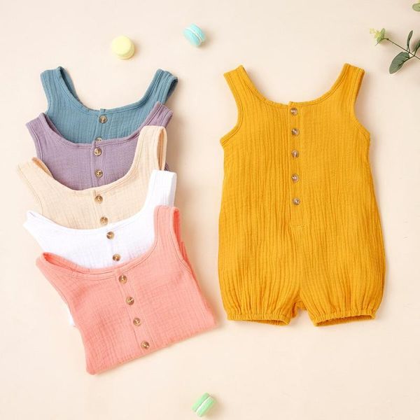

casual plain summer 0-24m born baby boys girls clothes solid cotton button romper outfits sleeveless playsuit clothing jumpsuits, Blue
