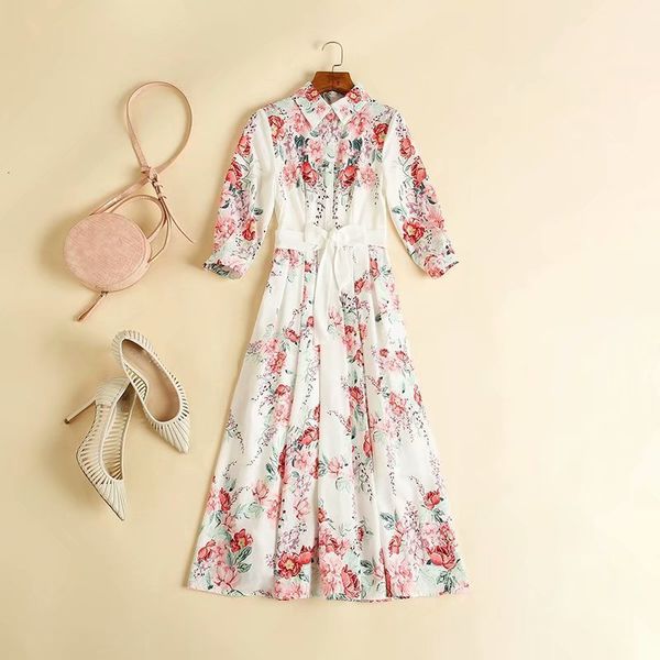 

dresses autumn style women turn-down collar charming floral print 3/4 sleeve large swing beautiful lady, Black;gray