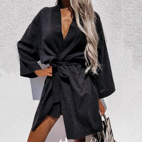 

casual dresses women shirt dress loose long sleeve fashion pure color lace-up mini sleepnight party, Black;gray