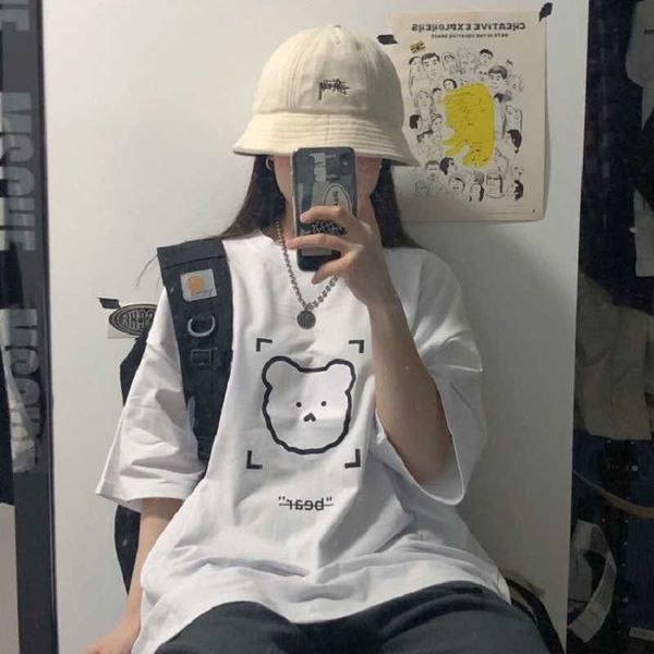 

korea ulzzang bear cartoon print tees punk casual loose hip hop harajuku plus size kawaii clothing gothic female t-shirt 210608, White