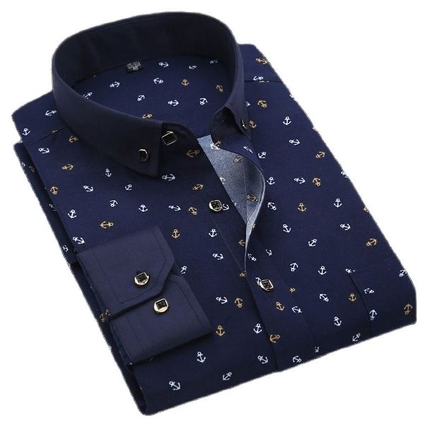 Männer Hemd Langarm Floral Gedruckt Plaid Mode Tasche Casual Shirts 100% Polyester Weiche Bequeme Männer Kleid Hemd 220222