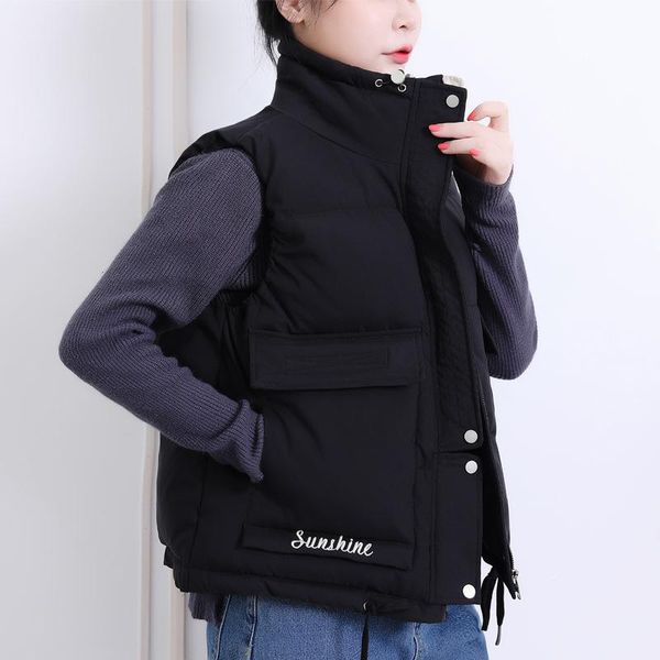 

winter stand collar women's short vest solid cotton padded thick sleeveless jacket women oversized big pockets outwear vests, Black;white