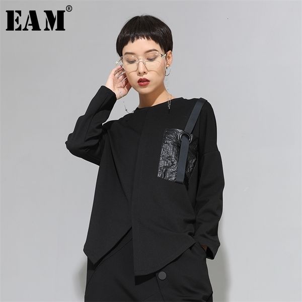 

[eam] women black buckle stitch big size asymmetrical t-shirt new round neck long sleeve fashion tide spring autumn 1d679 210324, White