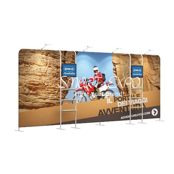 

retail supplies 20ft standing backdrop tradeshow stand with display rack tv holder tension fabric printed graphic portable bag