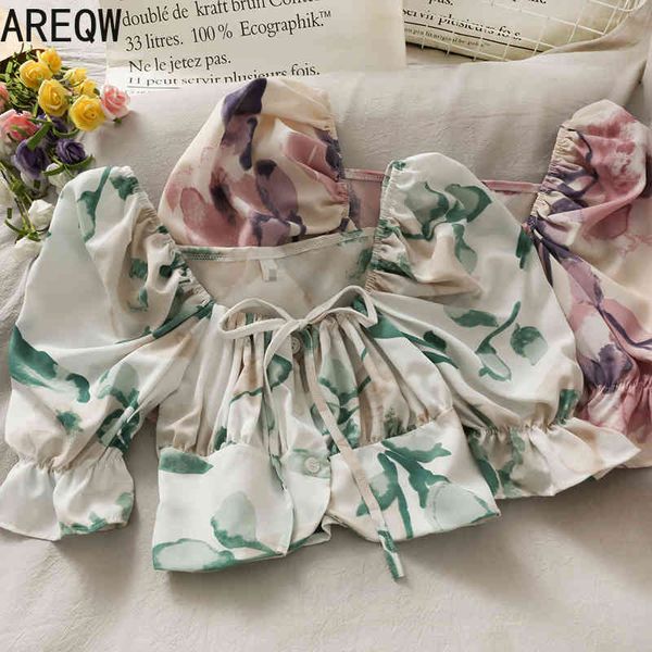 

bow tie one-shoulder short slim small shirt women's printed short-sleeved blouse 210507, White