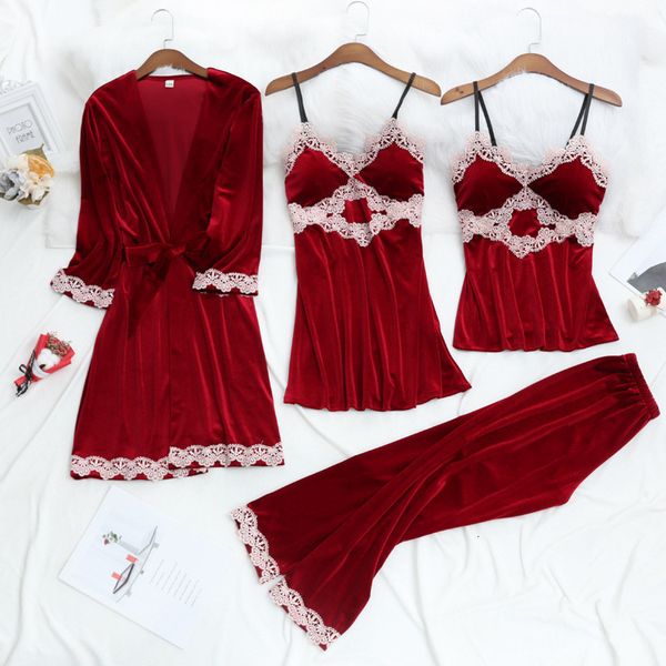

sleepwear fashion veet women 4 pieces set lace pajamas sleepwear robe warm winter night homewear 6n1e lmma, Black;red