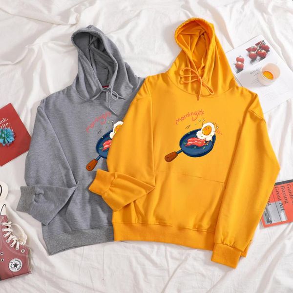 

women's hoodies & sweatshirts cute korean women sweatshirt oversize femme thin cotton hooded pan fried eggs harajuku graphic pullover, Black