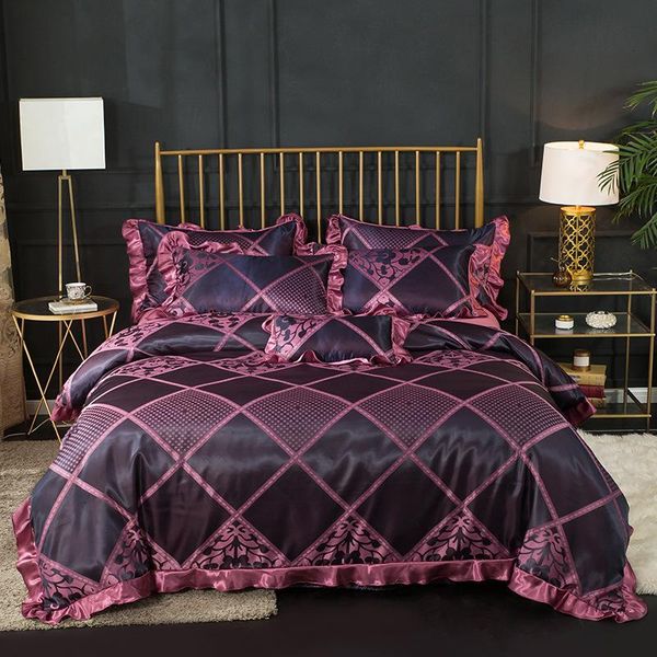 

bedding sets bed skirt jacquard ruffles linen set for wedding 100% cotton stain duvet cover skirt+duvet cover+ pillowcase