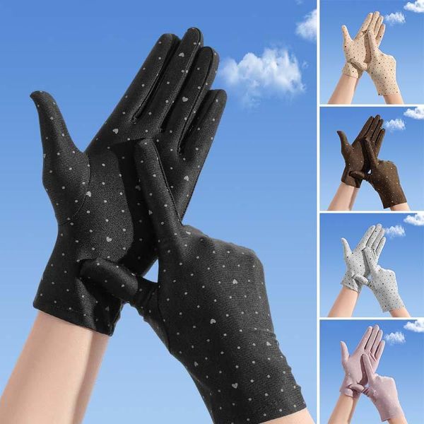 

five fingers gloves 1pair ladies driving sun protection thin stretch spandex full finger dots printing breathable mitten, Blue;gray