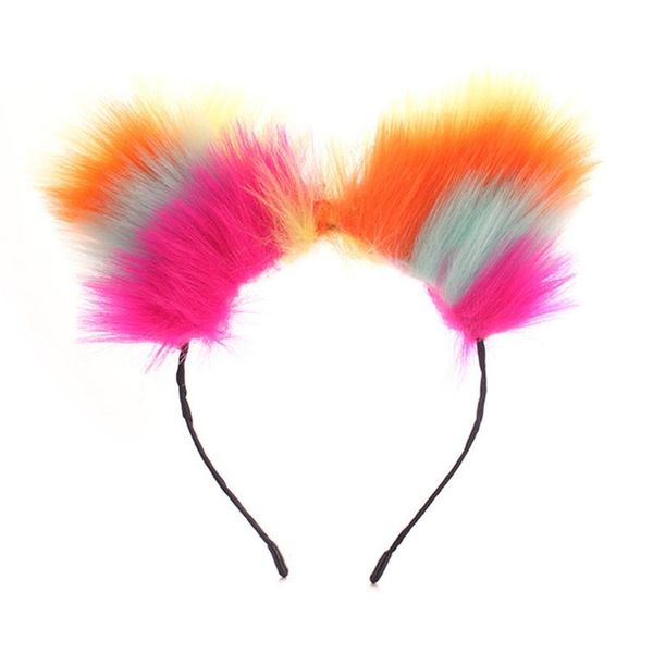 

hair accessories rainbow colorful long furry cat ears headband lolita kawaii anime fluffy animal hoop holiday cosplay party bandana