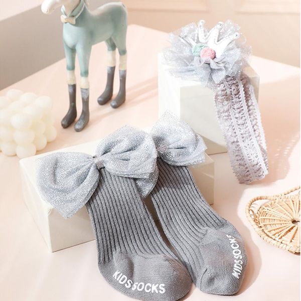 

toddler baby girl cartoon cute ribbed socks headband set flower crown doll spot star sock lace 2pcs suit, Pink;yellow