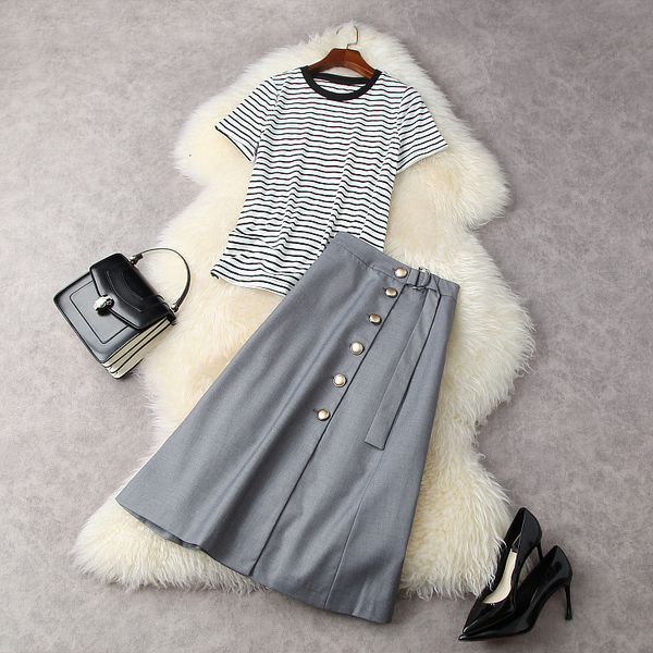 

two piece dress european and american women's clothing summer short sleeved striped knit t-shirt button-down skirt fashion suits 3pfd, White