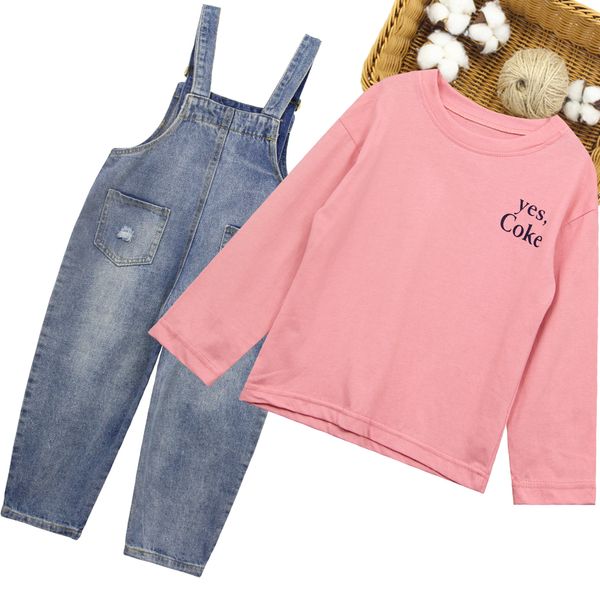 

girls denim clothes letter childrens clothes for girls tshirt + rippded jumpsuit girls sets 2021 autumn kids girl clothes, White