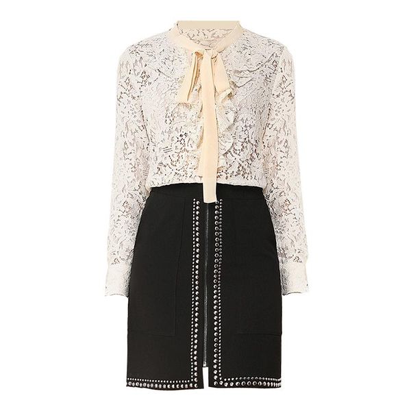 

xiaomoli women's lace hollow up fashion runway beaded zip skirt suit 2021 spring two piece dress, White