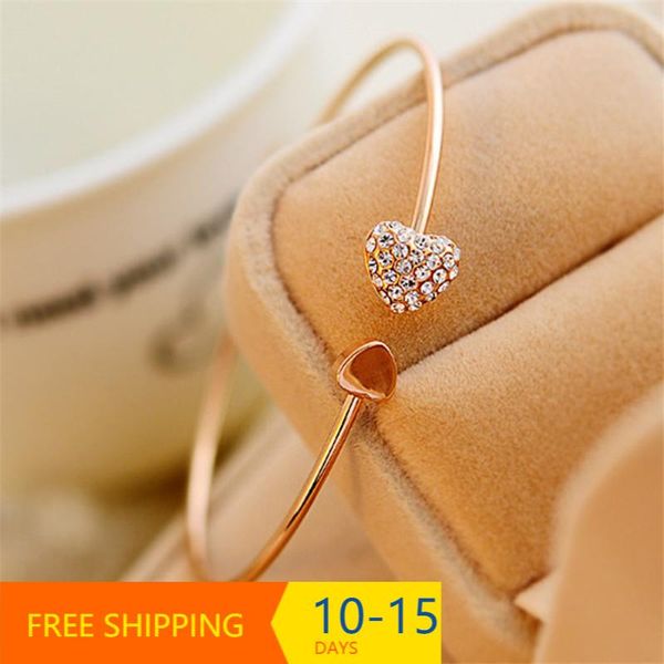 

link, chain mic 2021 fashion adjustable crystal double heart bow bilezik cuff opening bracelet women jewelry gift mujer pulseras, Black