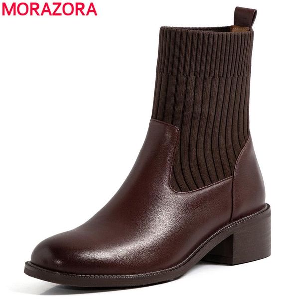 

boots morazora plus size 34-43 genuine leather square low heels round toe ankle for women autumn socks botas ladies shoes, Black