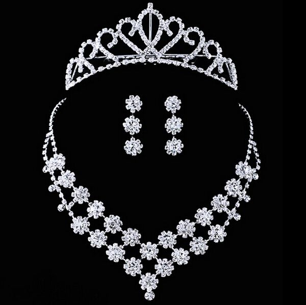 

fashion jewelry crystal bride accessories rhinestone wedding sets with necklace earring crown bridal wedding, White