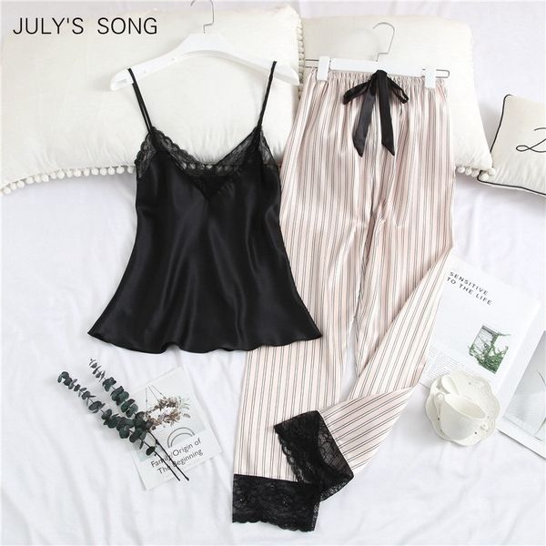 

july's song 2 piece woman pajamas set sling stain long pants silk sleepwear woman pink strap sling summer pyjama 210320, Black;red