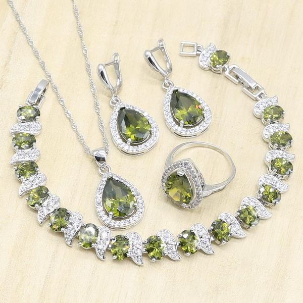 

earrings & necklace water drop olive green silver color jewelry sets for women bracelet pendant ring