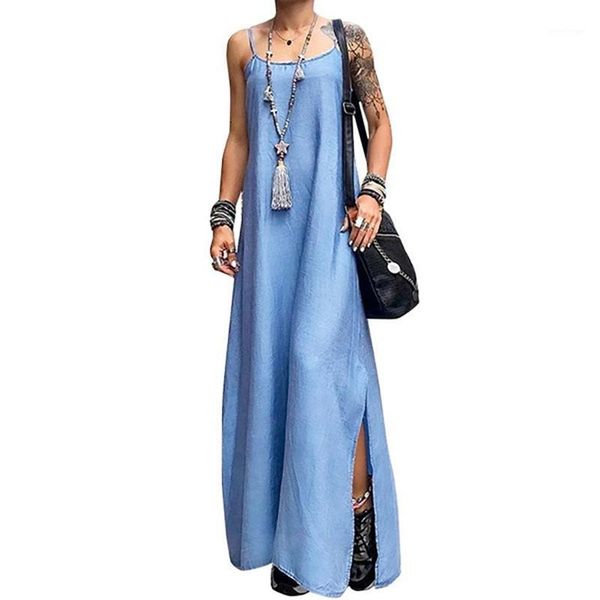 

casual dresses plus size dress women sleeveless solid color adjustable straps slitting hem long, Black;gray