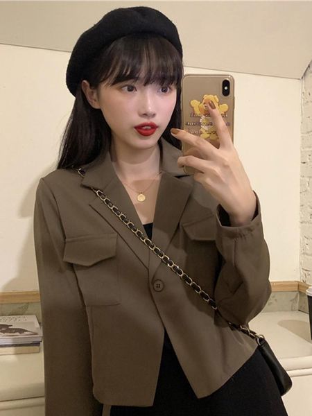 

women's jackets autumn korean 2021 style loose short design thin temperament small suit long sleeve outer women clothes jacket, Black;brown