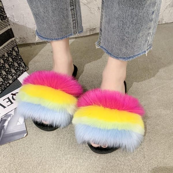 

women's summer flat slippers fake fur thick hair non-slip indoor silver sole, Black