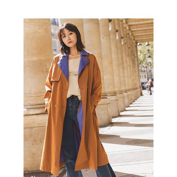 

coats autumn arrival contrast color turn-down collar lace-up nipped waist fashion long trench 1ucf, Tan;black