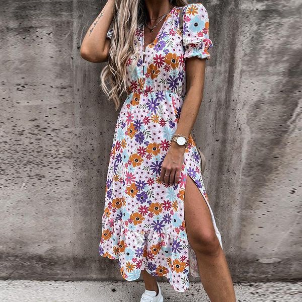 

casual dresses elegant women short sleeve floral pattern dress v-neck mid-calf slim fit ladies high waist streetwear, Black;gray