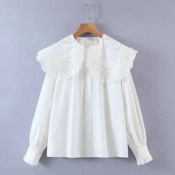 

women hollow embroidery turndown collar white shirts female long sleeve blouses casual lady loose blusas s8277 210317