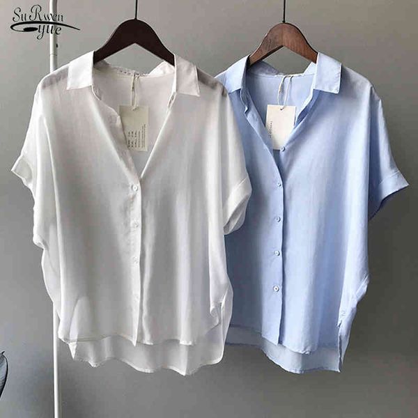 

summer satin single breasted women shirts casual loose plus size blouse solid turn down collar clothing 14265 210508, White