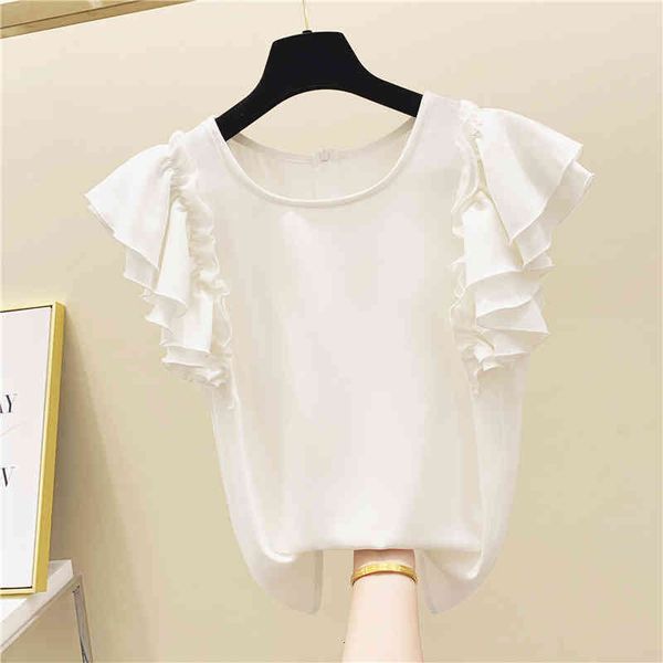 

t shirt ruffled short sleeves solid color chiffon t-shirt female summer sweet temperament shirts girls ladies all-match white t shirt