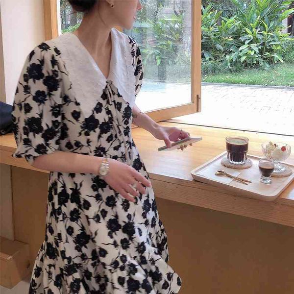 

2021 french floral dress women's summer temperament, Black;white