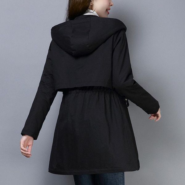 

women's trench coats lining windbreak 2021 spring autumn plus size female jacket slim women basic mid-long casual hooded black zipper, Tan;black