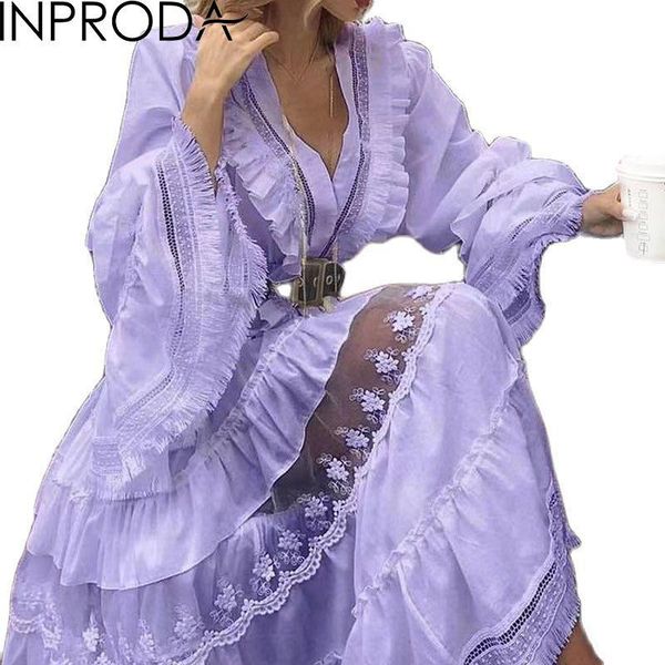 

casual dresses inproda women dress temperament vintage v neck flare sleeve lace up maxi retro long summer with sling 2021, Black;gray