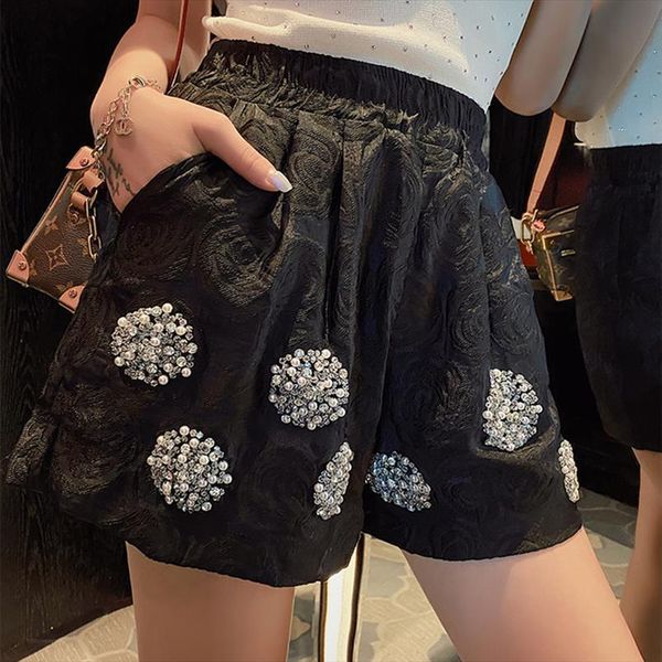 

rero sequined jacquard women shorts summer bermuda elastic waist embroidered flares loose trouser white and black, White;black