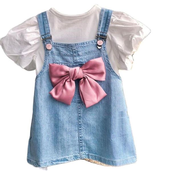 

clothing sets girls cowboy strap dress outfits big bowknot children princess clothes baby kids white puffy sleeve + denim 2pcs