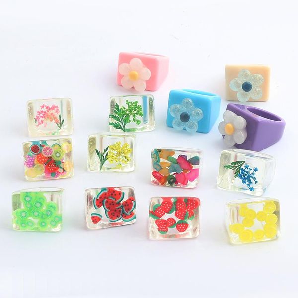 

wedding rings simple and thick color transparent acrylic resin ring for women flower fruit pattern geometric square retro ladies jewelry, Slivery;golden