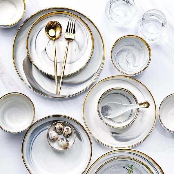 

dishes & plates marble ceramics and bowls set dinnerware sets christmas round tray salad dessert bone china white kitchen