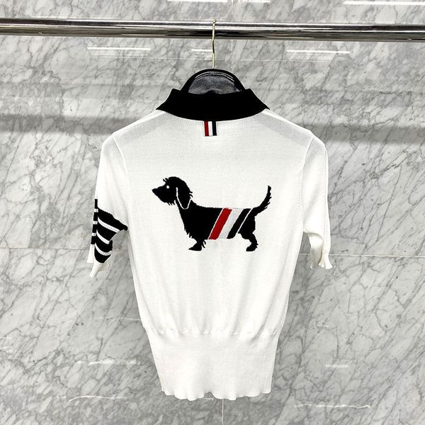 

2021 summer tb new lapel pocket contrast back jacquard dog slim knit short sleeved women, White