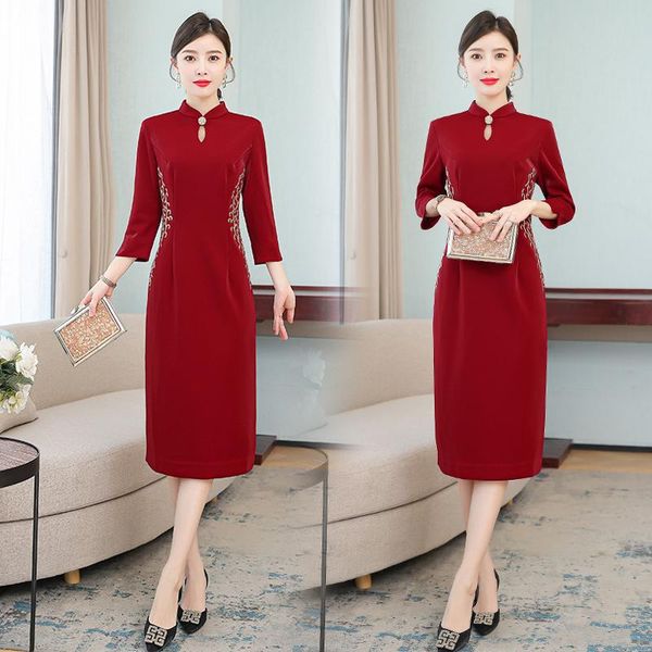 

casual dresses women long dress autumn 2021 office lady cheongsam vintage three quarter sleeve patchwork solid short embroidery, Black;gray