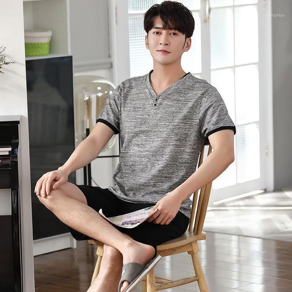 

two piece set men's pajamas spring and summer cotton loose size casual solid color male round neck short sleeve pyjamas sleepwear, Black;brown
