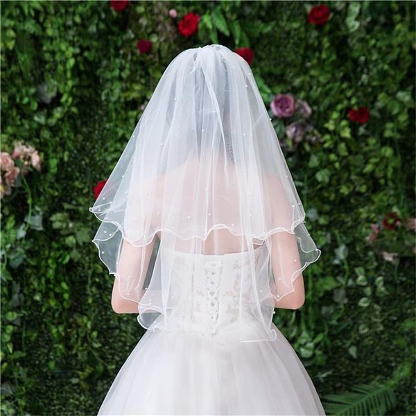 

bridal veils formal two layer short pearls beaded wedding veil elbow length bride's with comb puffy spring bow, Black