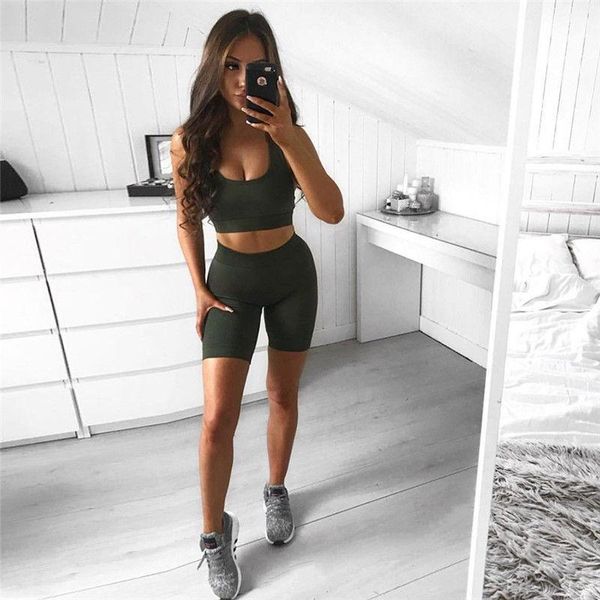 

two piece dress 2pcs women girl yogawear vest shorts sets suit fashion female solid sportswear workou joggers tracksuits fitness short set s, White